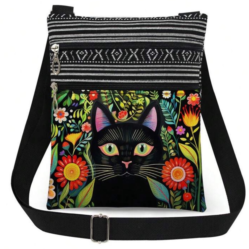 🐈‍⬛🌺Black Kitty & Colorful Vibrant Floral Graphic Adjustable Crossbody!